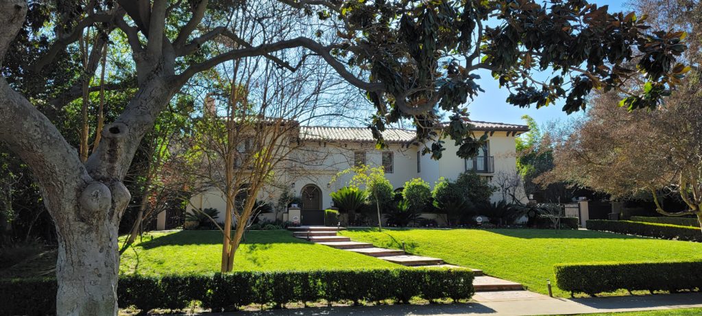 Outside a San Marino Estate with prominent architectural elements from Spanish Revival and Mediterranean