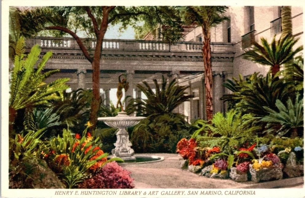 1940s era linen postcard of the Huntington Library and former private residence built by Elmer Gray for the Huntington's during the turn of the century.