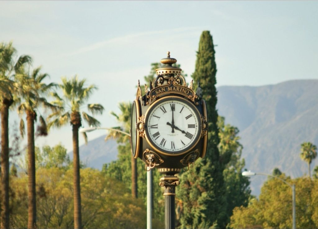 Outdoor view of The Centennial Clock was donated by the Rotary Club of San Marino to the San Marino community as a gift in honor of the 100th Anniversary of Rotary International in 2005 and dedicated on July 4, 2005.