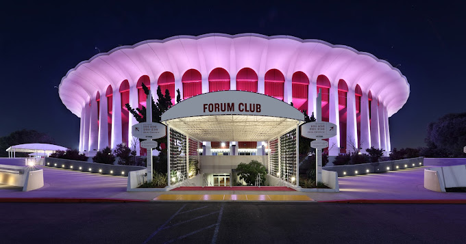 Exterior views of The Forum in Inglewood, CA at night.