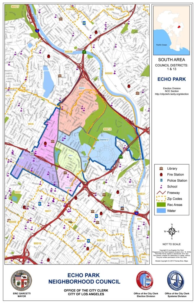 Echo Park Neighborhood Council Map which is a visula comprehensive guidline of where the emergency services are in the Echo park Boundary areas.