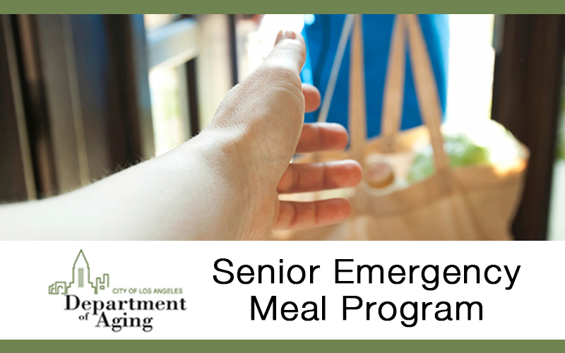 Senior Emergency Meal Program Advertisement with a hand holding a food bag and an elderly woman reaching for the bag