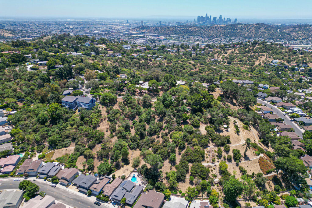 927 Rome Drive ariel view of hillside and DTLA skyline