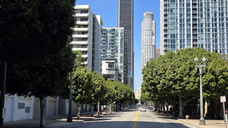 Downtown Los Angeles condo towers along a tree lined street, condo loan rules 2026