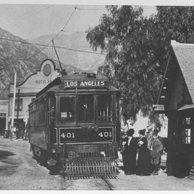 Sierra Madre Red Line station on Baldwin Avenue, Sierra Madre, California, 1906. The Los Angeles streetcar system totaled 1,140 miles in 1910, which is a third larger than today’s New York City subway system. It was one of the largest privately funded interurban systems ever built. The Observatories of the Carnegie Institution for Science Collection at the Huntington Library, San Marino, California